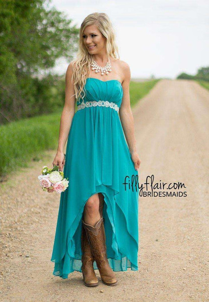 Summer Wedding Guest Dresses 2016 Unique Modest Teal Turquoise Bridesmaid Dresses 2016 Cheap High Low Country Wedding Guest Gowns Under 100 Beaded Chiffon Junior Plus Size Maternity