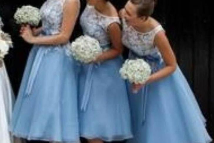 T Length Bridesmaid Dresses New 2017 Gorgeous Tea Length Bridesmaid Dress Sheer Lace Bateau Neck Sleeveless Light Blue Bridesmaids Dresses with Sash Custom Made Pretty Maids
