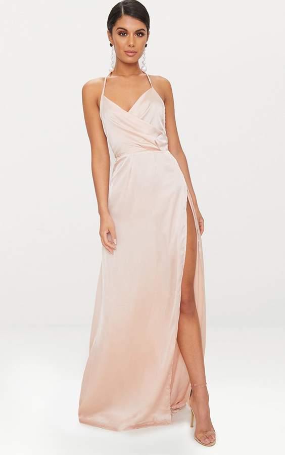 PrettyLittleThing Lucie Champagne Silky Plunge Extreme Split Maxi Dress