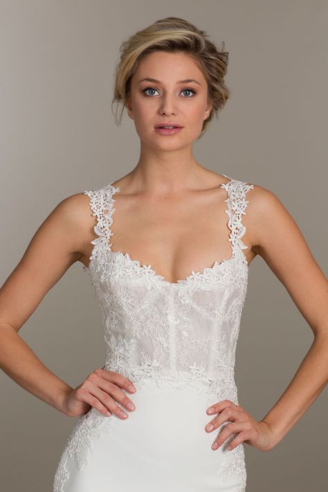 Tara Kelly Wedding Dresses Unique Ivory Lace and Crepe Trumpet Bridal Gown Sweetheart Corset