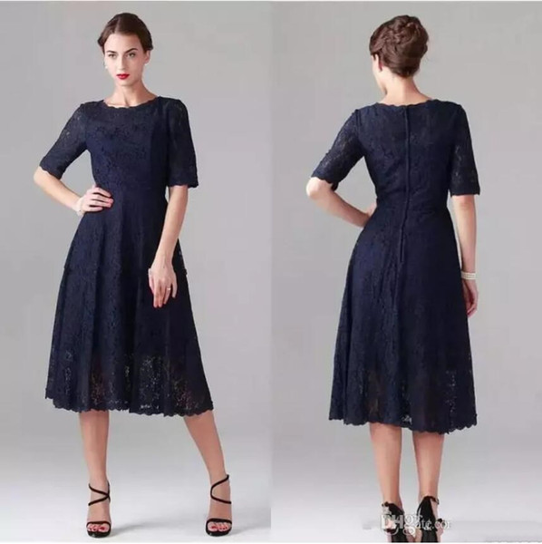Tea Length Dresses with Sleeves for Wedding Guest Awesome Dark Navy Lace Mother the Bride Dresses Tea Length Vintage Cocktail Party Gowns with Short Half Sleeves Plus Size Wedding Guest Dress Mother the