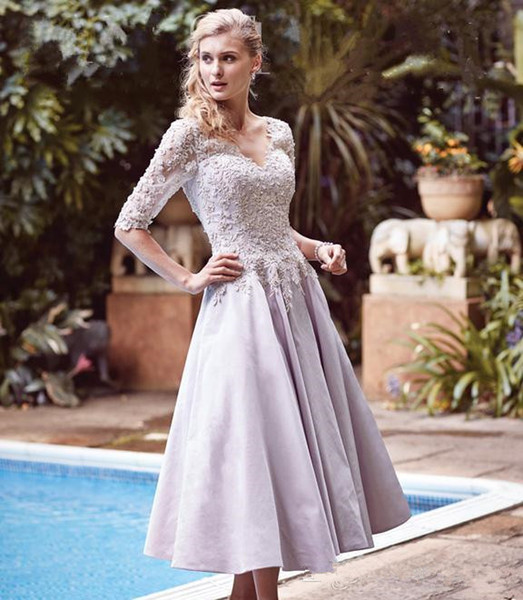 Tea Length Dresses with Sleeves for Wedding Guest Unique 2019 Half Sleeves Mother the Bride Dresses with Lace Applique V Neck Wedding Guest Dress Tea Length A Line Party Gowns Mother the Bride Dresses