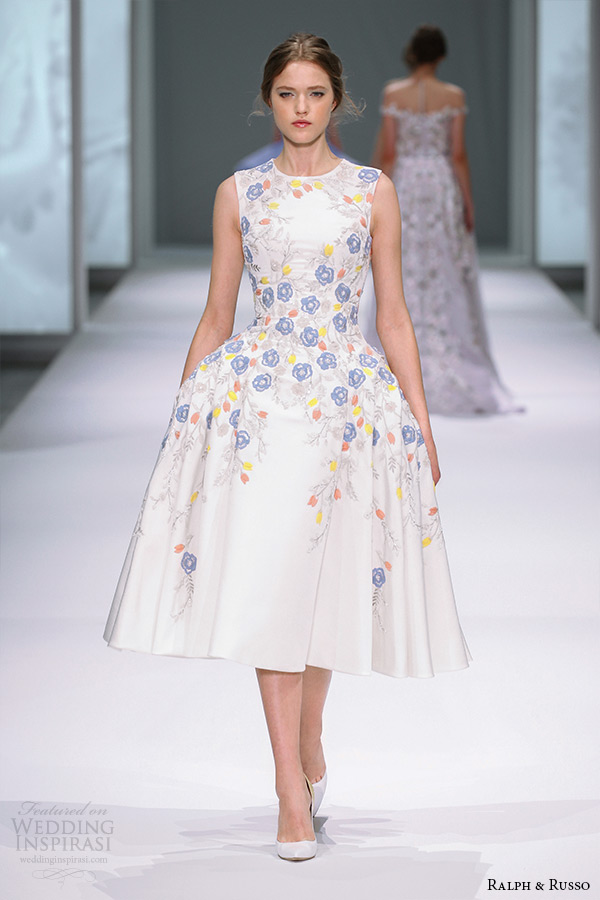 ralph and russo spring 2015 couture collection jewel neckline sleeveless tea length short dress with floral embroidery