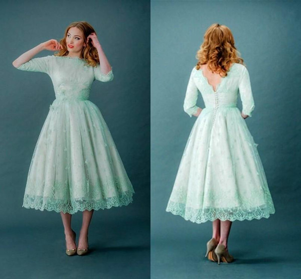 Teacup Wedding Dresses Fresh 2015 Vintage Lace Prom Dresses Bateau Neck Half Sleeves Mint Green Tea Length Spring Plus Size Backless Wedding Party Dresses with Sleeves Prom Gowns