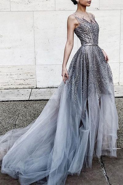 Teen Dresses for Wedding Lovely Gray Tulle Sequins Round Neck See Through Long Prom Dress