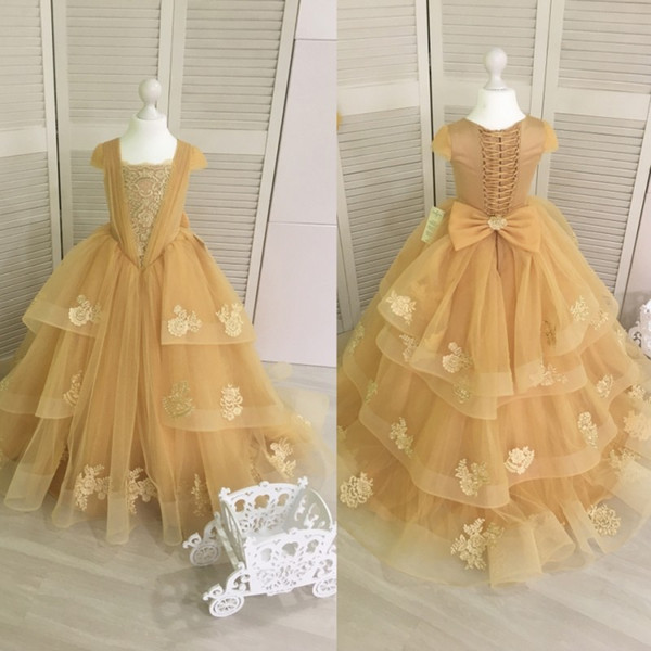 Teen Dresses for Wedding Luxury Hot Sales Gold Tulle Lace Teens Girls Pageant Dresses Sheer Cap Sleeves Appliques Kids Wedding Dress Party Birthday Gown Custom Made toddler Flower