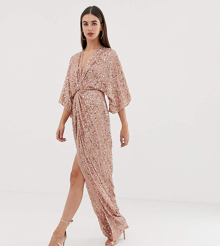 Asos Tall DESIGN Tall scatter sequin knot front kimono maxi dress