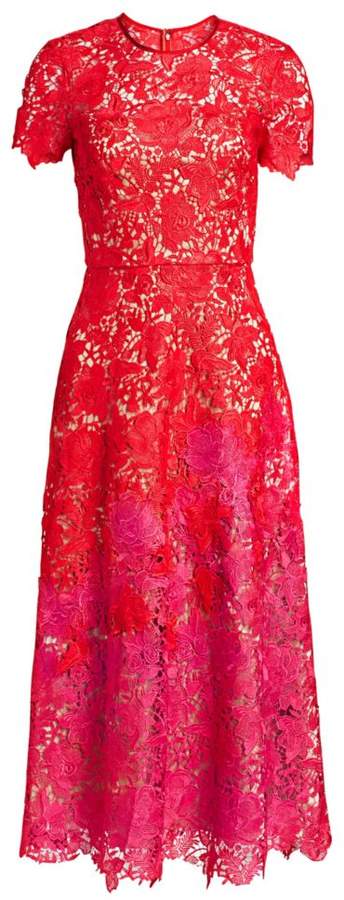 Theia Ombre Lace Short Sleeve Tea Length Dress