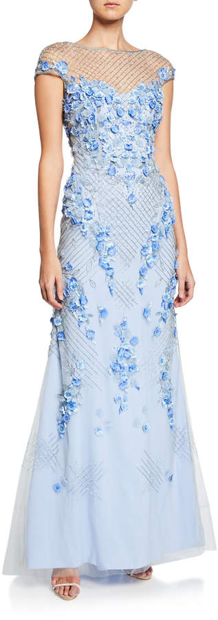 Theia Beaded & Floral Embroidered Cap Sleeve A Line Gown