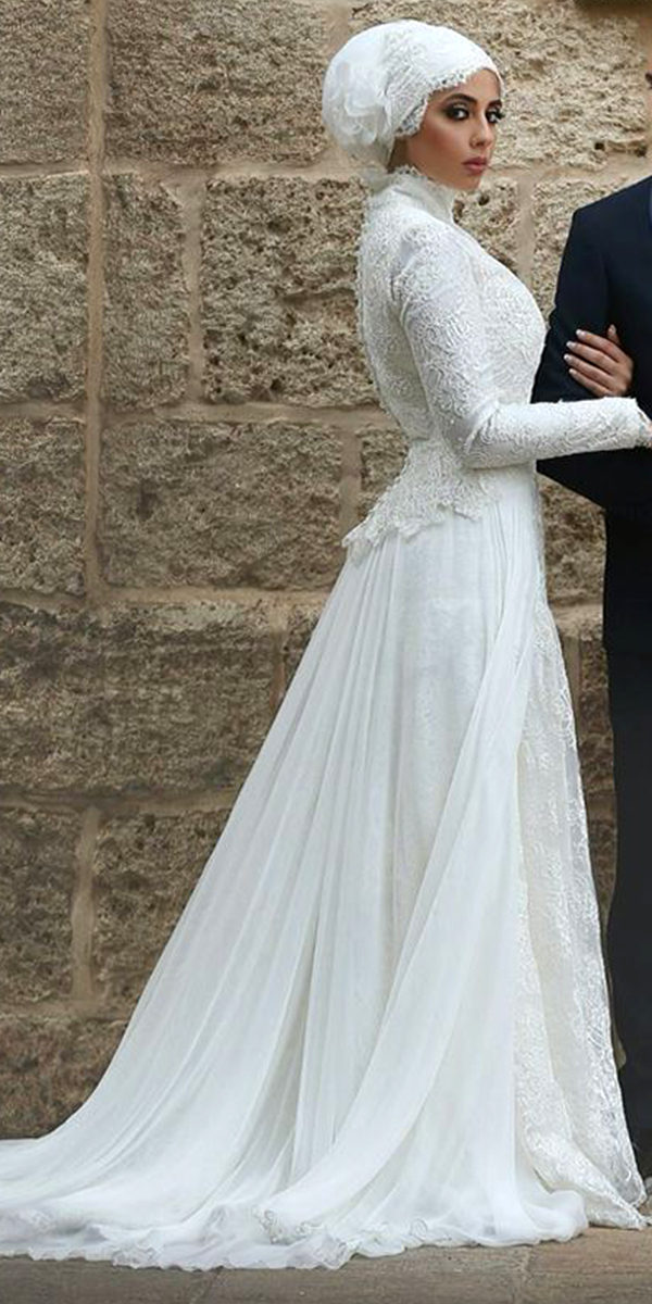 high neck muslim wedding dress side