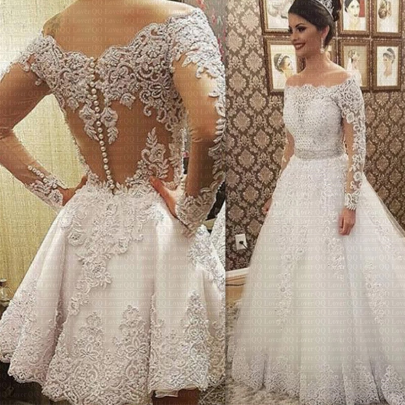 2019 Vestido De Noiva Boat Neck Long Sleeves 2 in 1 Wedding Dress Heavy Pearls Luxury