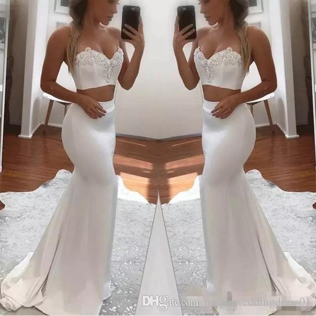 Tony Bowls Wedding Dresses Lovely White Two Pieces Mermaid Prom Dresses 2019 with V Neck Sleeveless Sweep Train formal evening Party Dresses Wear