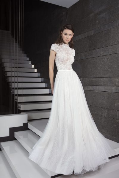 tony ward fully beaded short sleeve bodice tulle skirt wedding dress 400x600