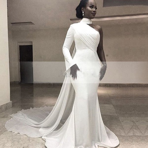 Trumpet Gowns Beautiful Modern White High Neck Single Long Sleeve Mermaid formal evening Dresses Chiffon Train Simple Trumpet Africa Women S evening Gowns 2017 Plus Size