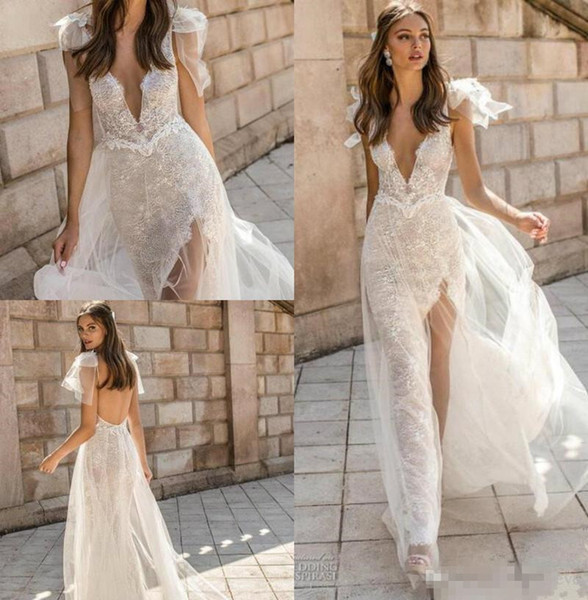 Trumpet Gowns Elegant Muse by Berta 2019 Wedding Dresses V Neck Lace Backless Mermaid Bridal Gowns High Slit See Through Trumpet Customized Beach Wedding Dress Simple