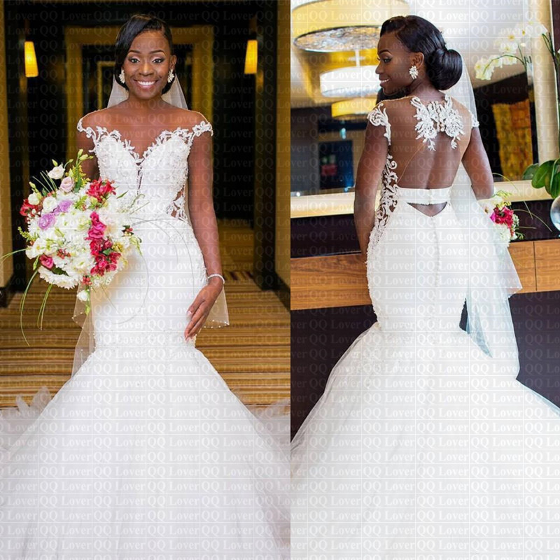 2019 New African Appliques Mermaid Wedding Dress y Sheer Back Bridal Gowns Vestido De Novia