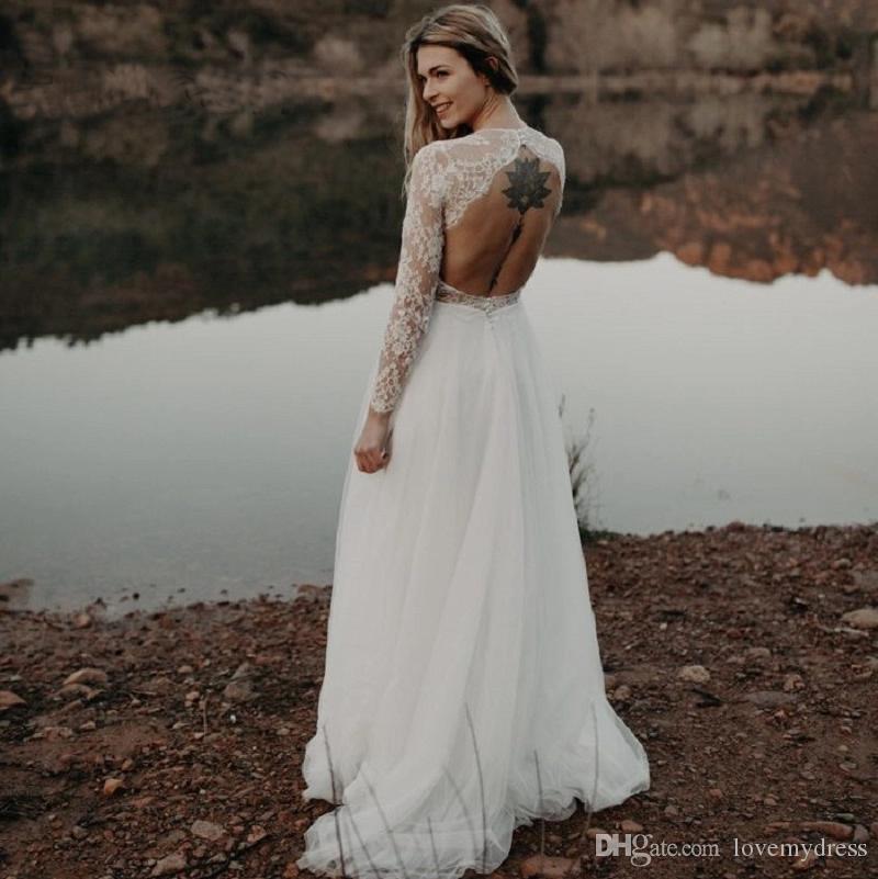 Trying On Wedding Dresses Luxury 2019 Illusion Long Sleeve Country Wedding Dresses Boho Lovely Lace Jewel Keyhole Backless Tulle Beach Wedding Dress Bridal Gowns