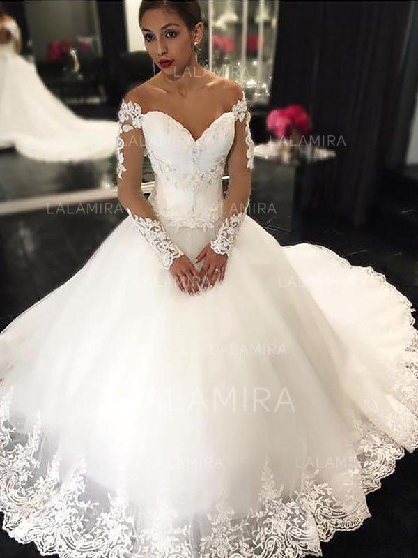 Tulle Bottom Dress Elegant Stunning F the Shoulder Ball Gown Wedding Dresses Court Train Tulle Long Sleeves