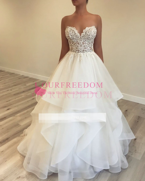 Tulle Pricing New Discount 2019 Simple Style Sweetheart Wedding Dresses A Line Lace Appliques Details Tiered Skirts Tulle Garden Cheap Bridal Gown Custom Made Latest