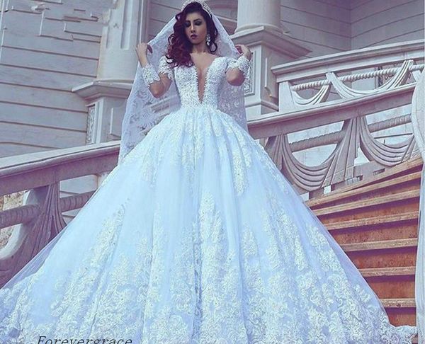 Turkish Wedding Dresses Unique 2017 Arabic Dubai Style Long Sleeves Lace Wedding Dress Luxury Ball Gown Sheer Deep V Neck Turkey Bridal Gown Custom Made Plus Size Gown Wedding Dress