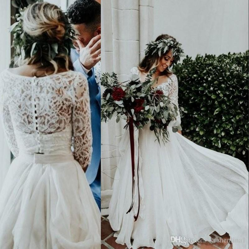 Two Piece Dresses for Wedding Fresh Two Pieces Bohemian Wedding Dresses A Line Long Sleeve Deep V Neck Lace Appliques Garden Bridal Gowns Glamorous Vintage Country Wedding Gown
