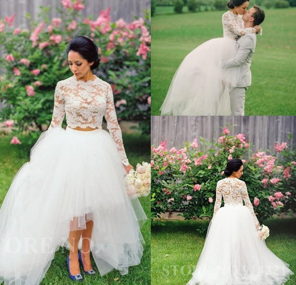 Two Piece Wedding Dresses Luxury Discount Vintage Lace Long Sleeves Two Pieces Wedding Dresses A Line Tulle High Low Beach Garden Bridal Gowns Tulle Custom Made Wedding Dress Best