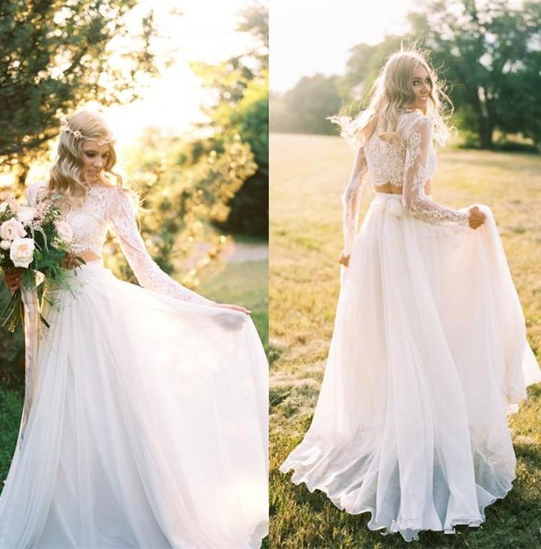 Two Piece Wedding Gowns Luxury Romantic Two Pieces Bohemian Wedding Dresses Long Sleeves Lace Crop top Chiffon Beach Country Wedding Gowns