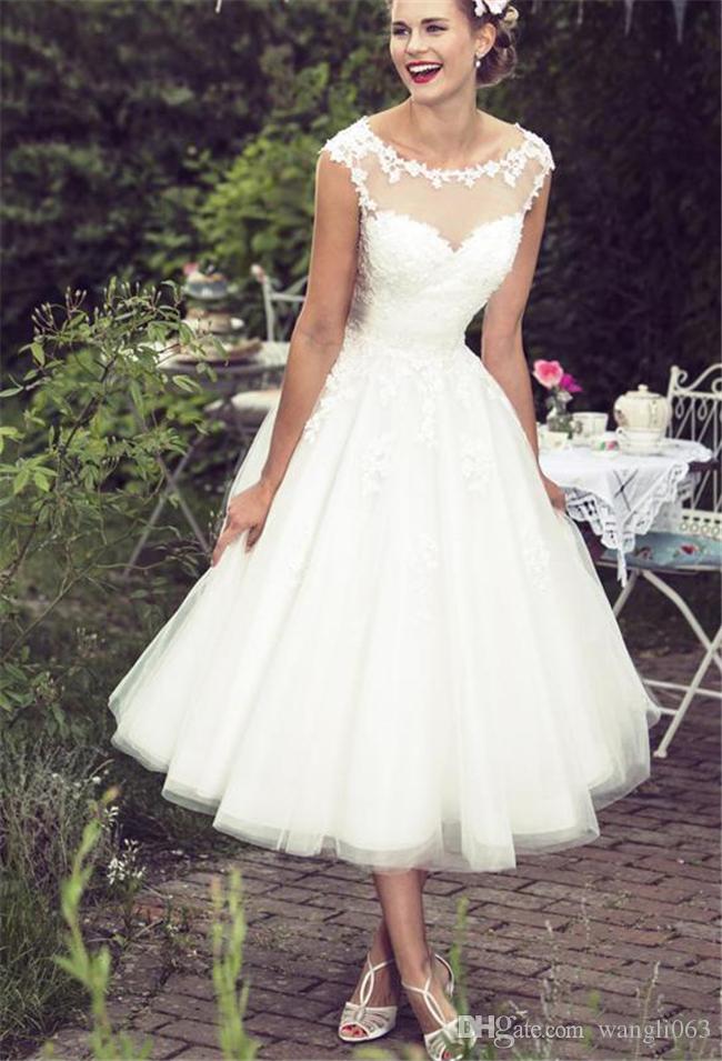 Types Of Wedding Dresses New Discount Lace Tea Length Beach Wedding Dresses 2019 Vintage Sheer Neck Ivory Tulle A Line Country Style Short Bridal Gowns Monique Wedding Dresses