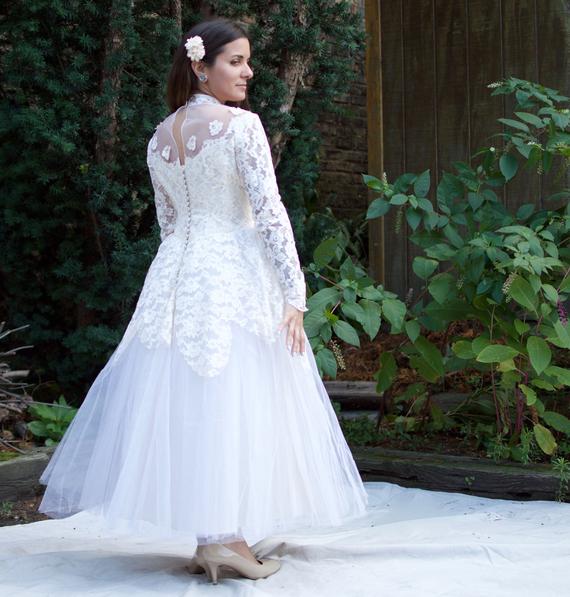 white lace wedding gown lovely vintage 50s wedding dress tea length tulle and lace long