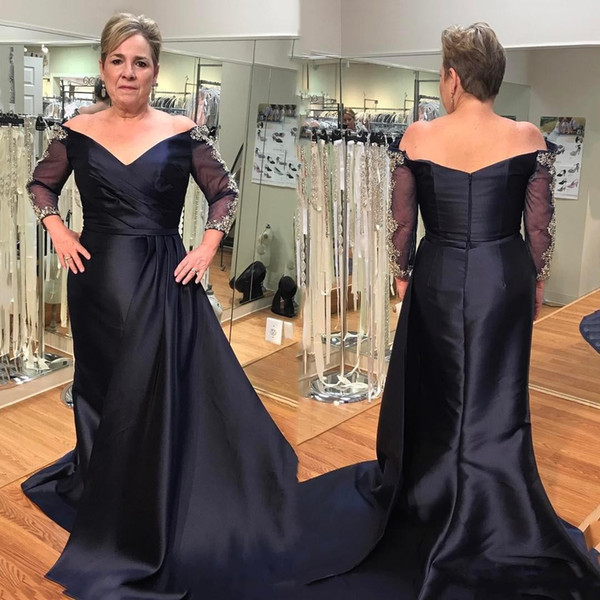 Vintage Wedding Guest Dresses New 2020 Vintage Navy Blue Mother the Bride Dresses F Shoulder Crystal Beaded Long Sleeves Satin Plus Size Party Dress Wedding Guest Gowns Cheap