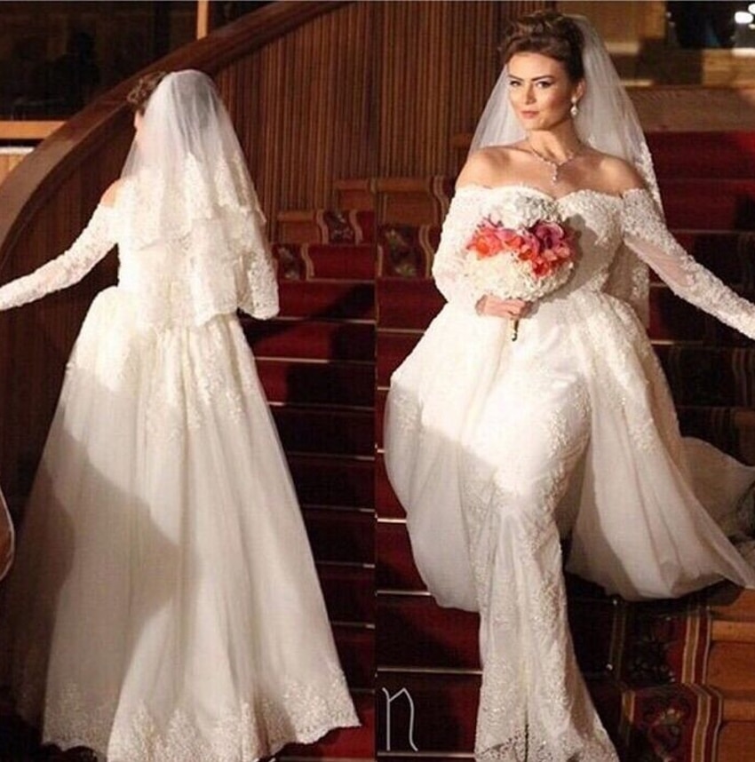 Long Sleeve Mermaid Detachable Train Wedding Dress Removable Skirt f the Shoulder 2 Two Piece Wedding