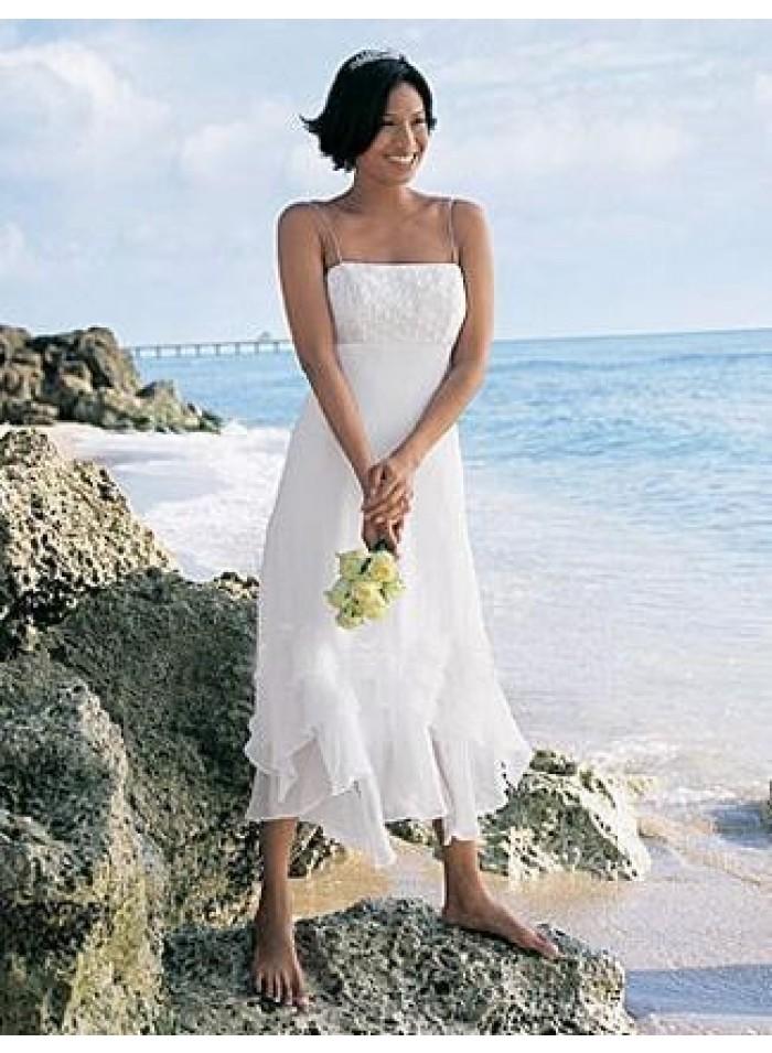 a line spaghetti straps tea length chiffon wedding dress we0112