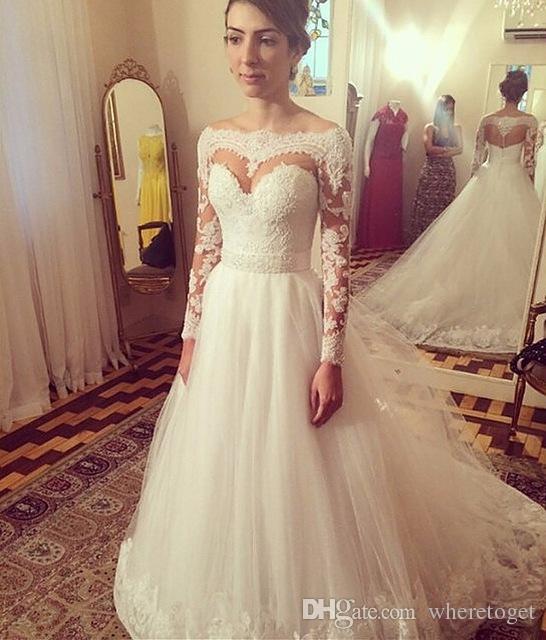Wedding Dress 100 Inspirational Luxury 2017 Long Sleeves A Line Wedding Dresses Boat Neck Appliques Beading White Dress Tulle Zipper Bridal Gowns