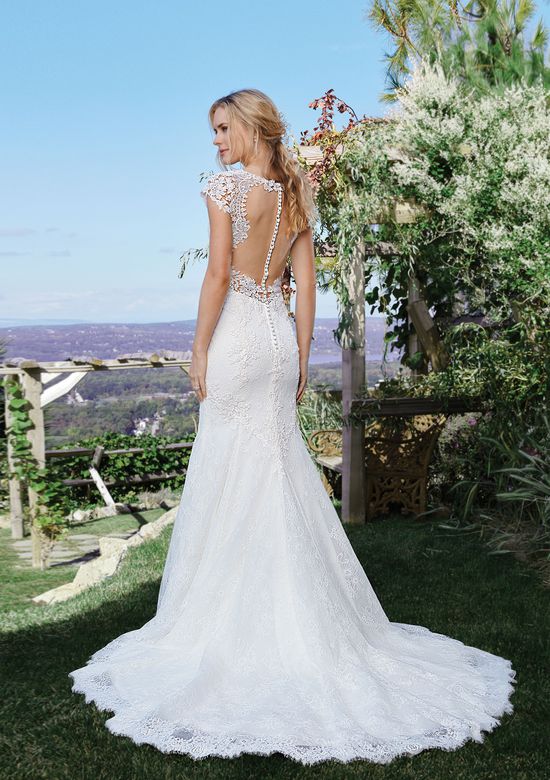 Wedding Dress Capped Sleeves Beautiful Style 6437 Lace Cap Sleeve Fit and Flare Gown with Open