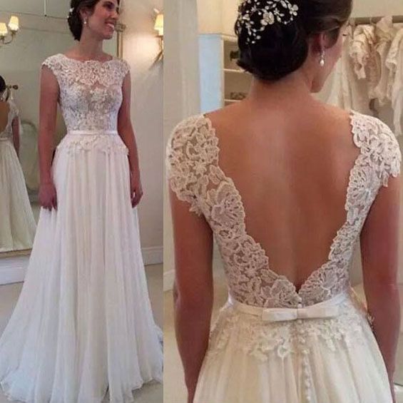 Wedding Dress Capped Sleeves Fresh White Lace Prom Dress with Hot Low V Back Floral Lace Long