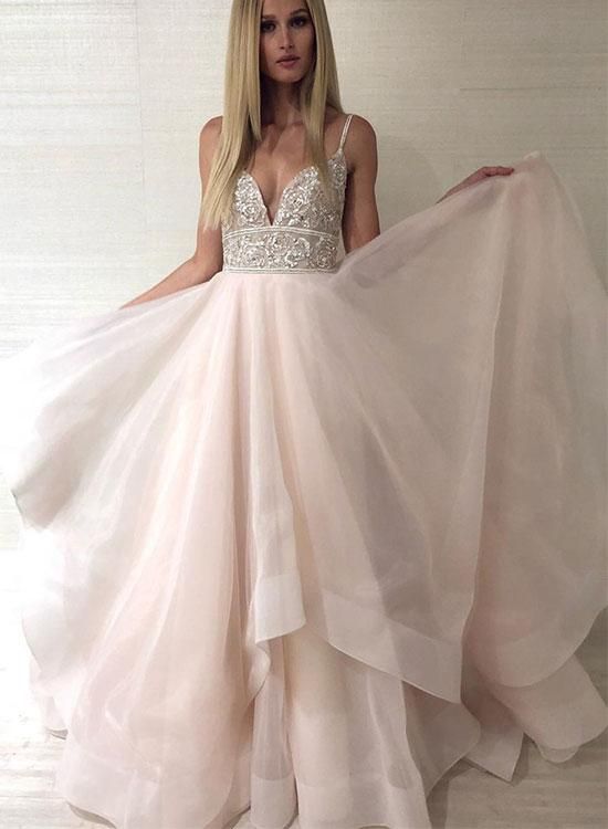 Wedding Dress Creator Lovely Champagne V Neck Tulle Beaded Long Prom Dress evening Dress