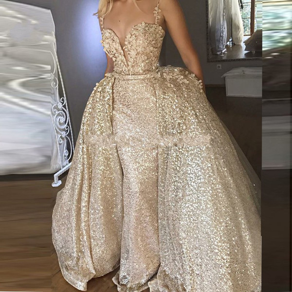 Wedding Dress Expensive Elegant 2019 Expensive Golden Prom Dresses with Detachable Train Spaghetti V Neck Backless 3d Flowers Party evening Gowns formal Dress Long Fashion Custom
