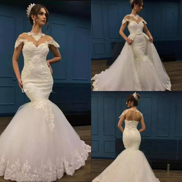 Wedding Dress Expensive Inspirational Princess Arabic Mermaid Wedding Dresses with Detachable Train Illusion Bodice Cap Sleeve Sweep Train Appliques Garden Bridal Gowns Beaded Expensive