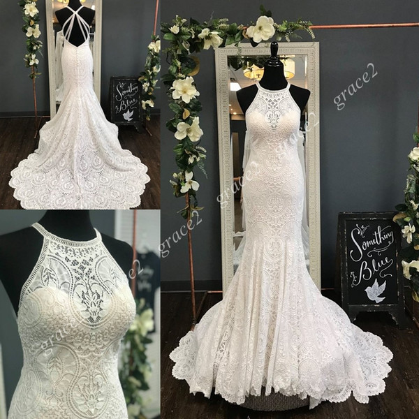 Wedding Dress Fit Awesome Fully Lace Wedding Dresses 2019 Fit and Flare Long Robe De Mariage Halter Neck Criss Cross Straps Y Back Vestido De Noiva for Brides Affordable
