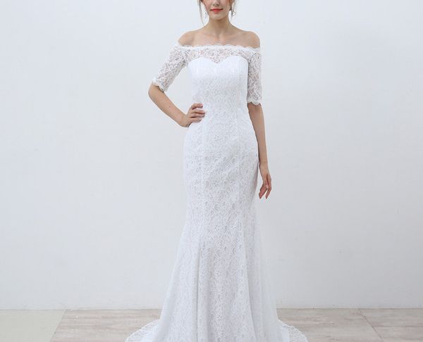 Wedding Dress Outlet Store Beautiful Lace Mermaid Wedding Dresses with Half Sleeves 2019 F Shoulder Wedding Gowns Sweep Train Vestido Noiva Wedding Dress Outlet Wedding Dress Stores
