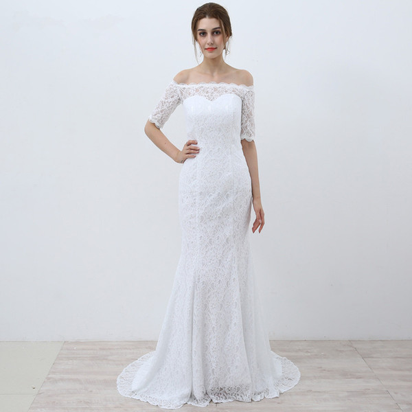 Wedding Dress Outlet Stores Luxury Lace Mermaid Wedding Dresses with Half Sleeves 2019 F Shoulder Wedding Gowns Sweep Train Vestido Noiva Wedding Dress Outlet Wedding Dress Stores