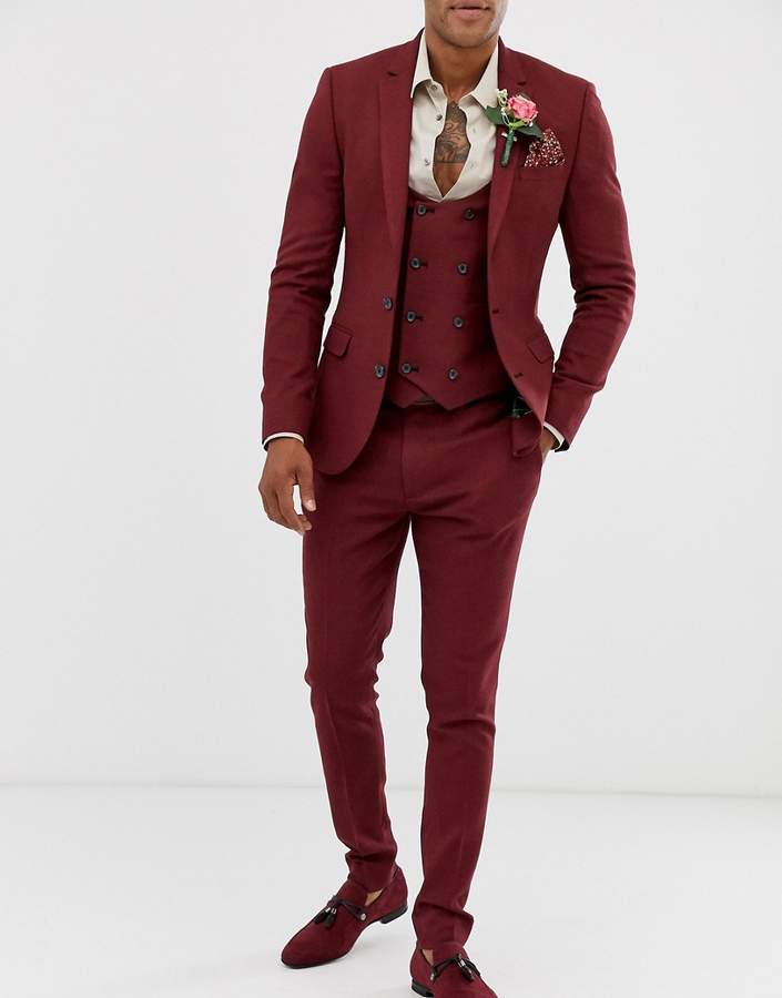Asos Design DESIGN wedding super skinny suit pants in micro texture burgundy