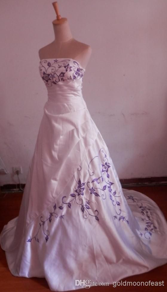 Wedding Dress Purple Beautiful Discount Y Strapless White Satin with Purple Embroidery A
