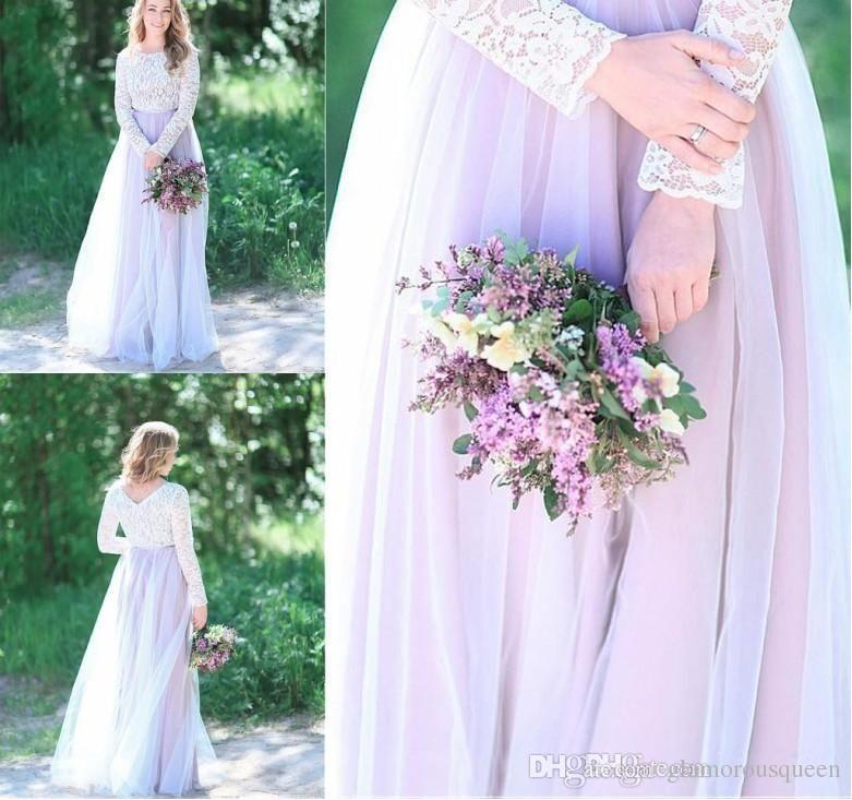 Wedding Dress Purple New New Designer Purple Country Style Lace Wedding Dresses Jewel Neck Applique Long Sleeves Sweep Train Wedding Dress Bridal Gowns