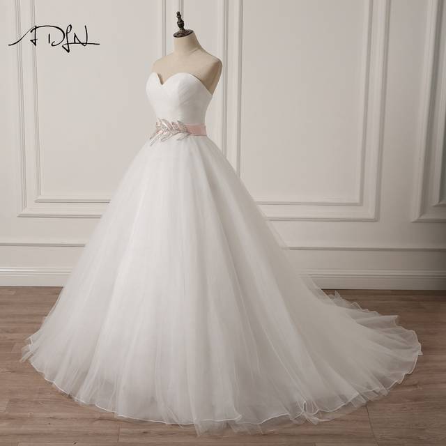 ADLN Sweetheart Sleeveless Puffy Wedding Dress with Pink Sash A line White Ivory Tulle Princess Bridal 640x640q70