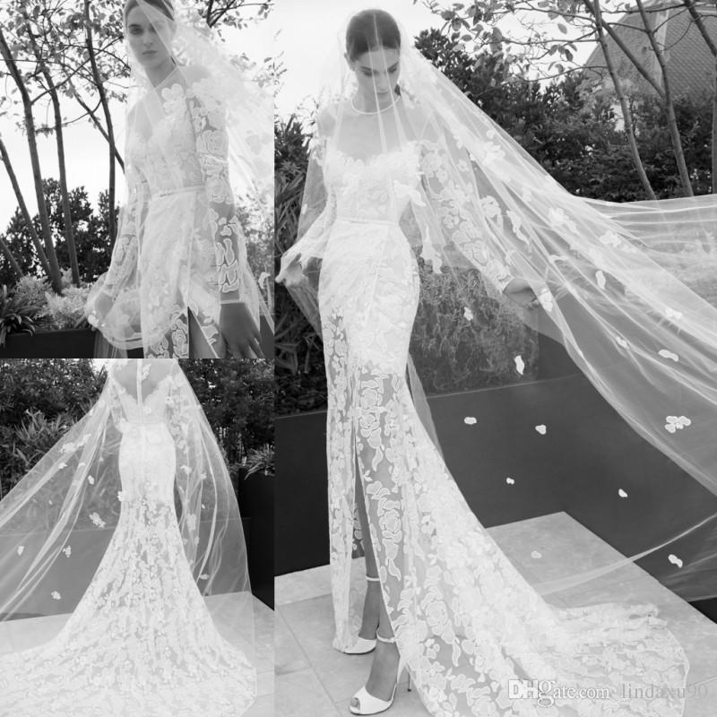 Wedding Dress with Boots Elegant Elie Saab 2019 Mermaid Split Wedding Dresses Sheer Neck Long Sleeve Lace Appliqued Beach Wedding Dress Bridal Gowns Plus Size