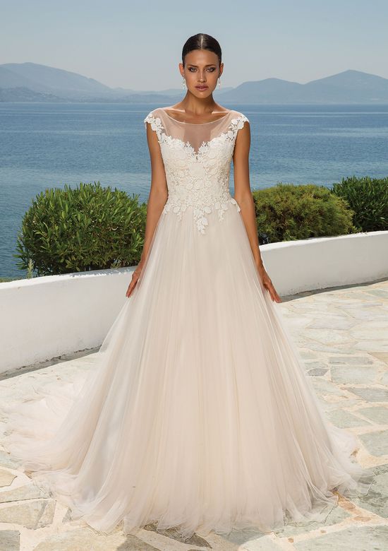Wedding Dress with Tulle Skirt Elegant Style 8852 Lace Sabrina Neckline and Tulle Skirt Bridal