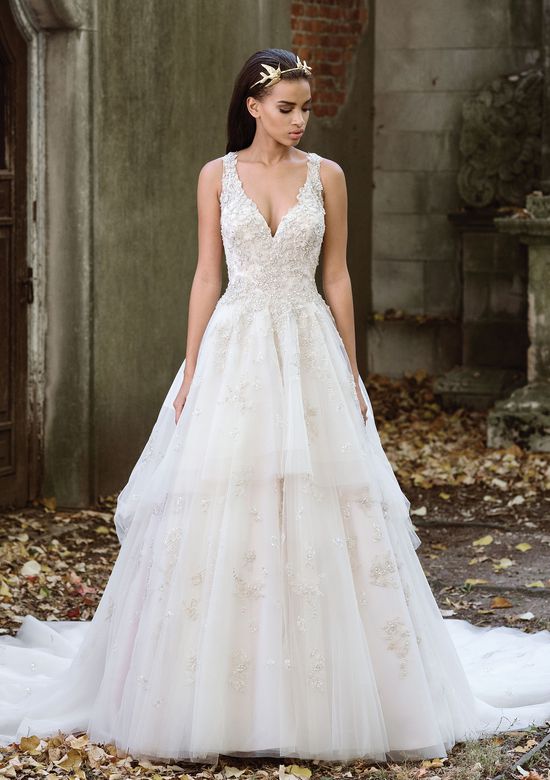 Wedding Dress with Tulle Skirt Unique Style 9884 Lavish Tiered Tulle Ball Gown with Illusion Back