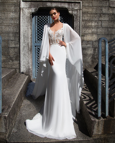 Wedding Dress Wrap Elegant Discount 2017 Elegant Mermaid Wedding Dress with Shawl Wrap Bohemian Bridal Gowns Thin Slim Long Chiffon Wedding Gown for Bride Black and White