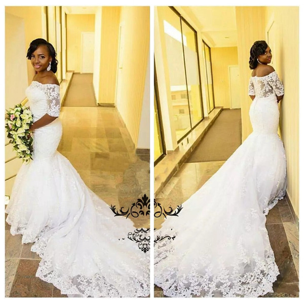 Wedding Dresses 2017 Cheap Unique Vintage 1 2 Long Sleeves Wedding Dress White Lace Appliques Slim African Plus Size Women Mermaid Bridal Gowns 2017 Custom Made Cheap Sale Bridal